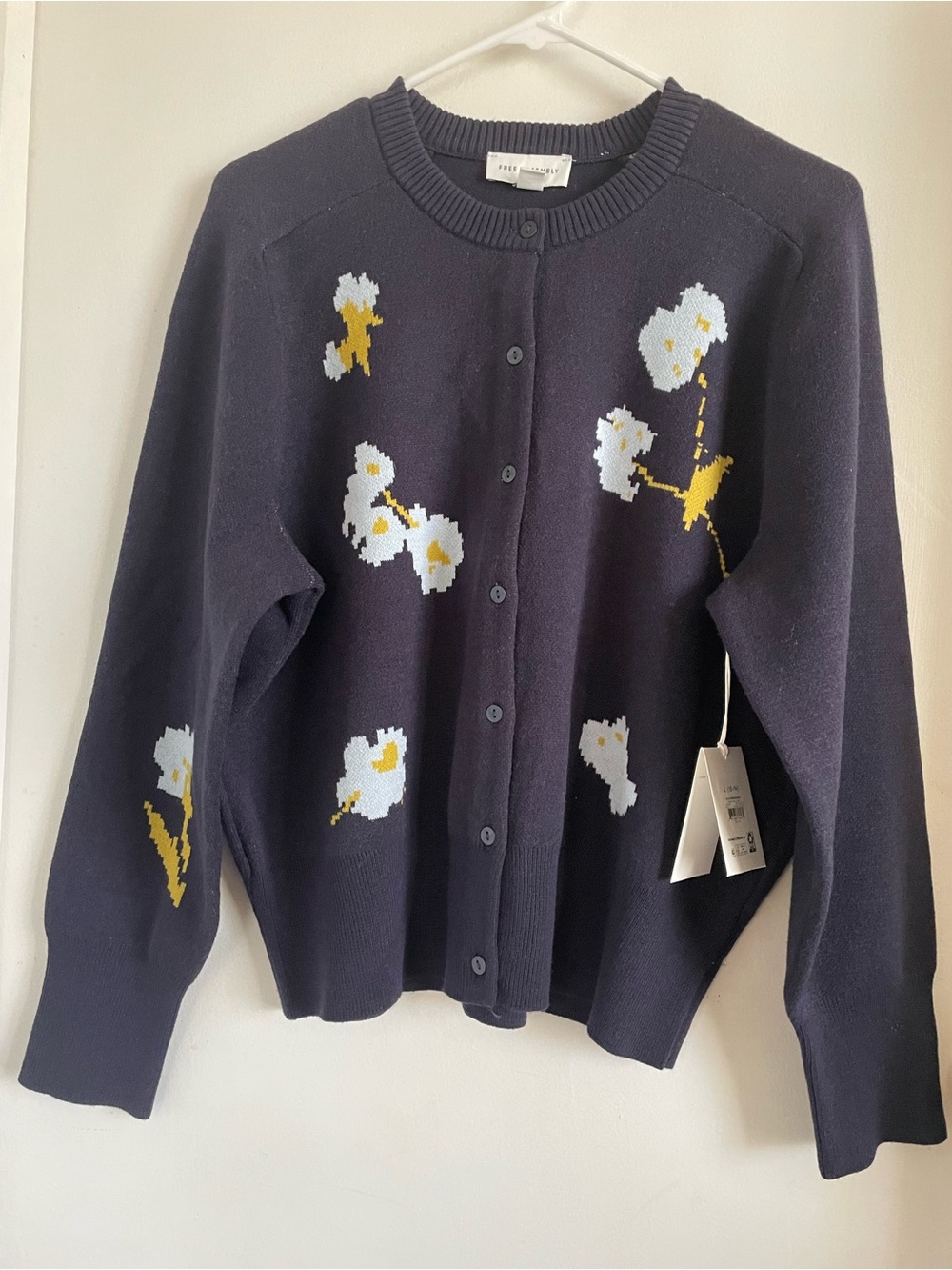 Navy Floral Crewneck Button Cardigan by Maje